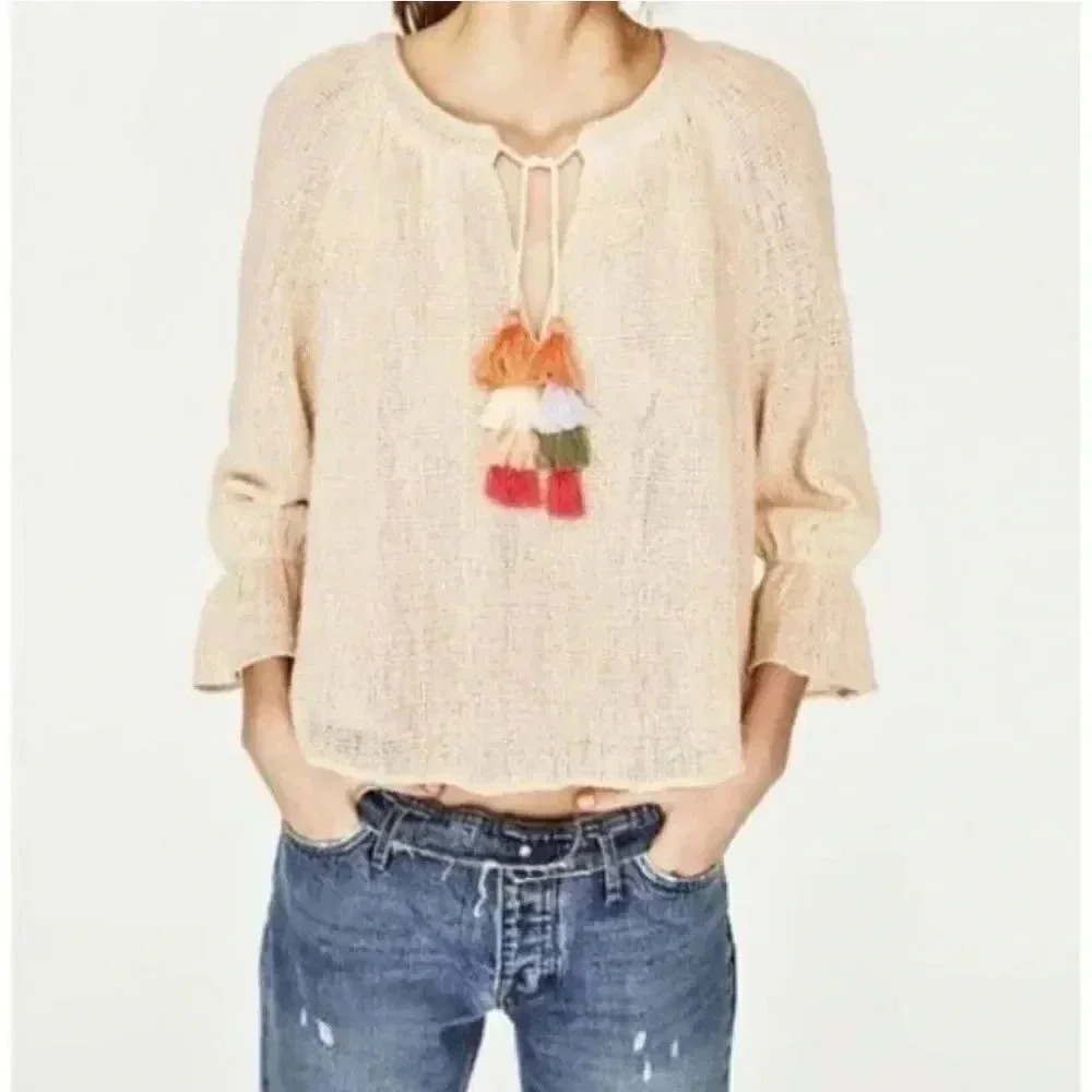 Zara Trafaluc Tassel Tie Neck Boho Peasant Small Bell Sleeve Mesh Top Blouse XS